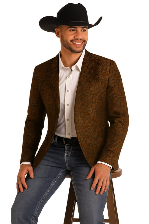 Mens Western Blazer - Paisley Pattern Cowboy Tuxedo Jacket in Color Brown