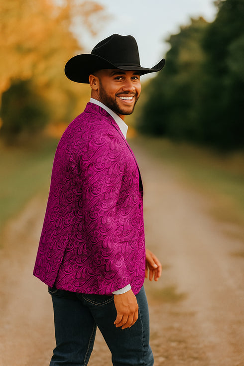 Mens Western Blazer - Paisley Pattern Cowboy Tuxedo Jacket in Color Fuchsia