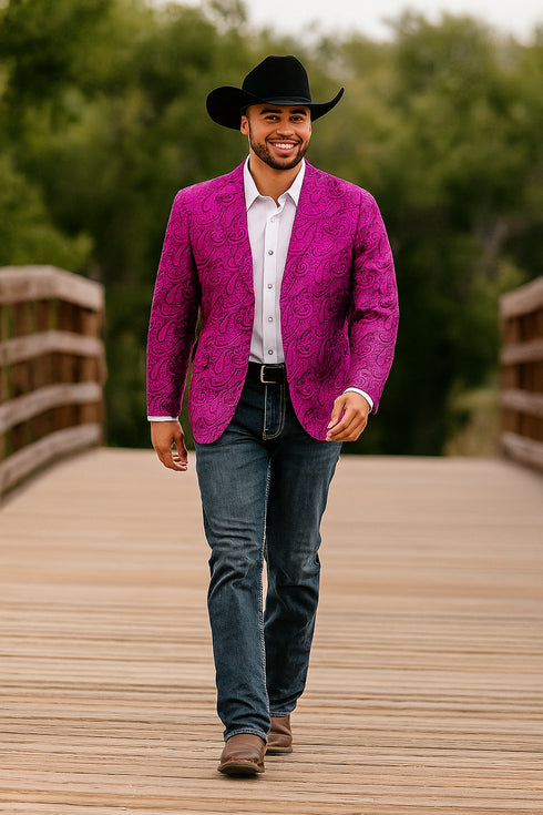 Mens Western Blazer - Paisley Pattern Cowboy Tuxedo Jacket in Color Fuchsia