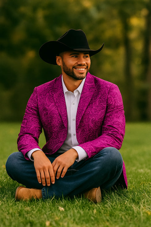 Mens Western Blazer - Paisley Pattern Cowboy Tuxedo Jacket in Color Fuchsia