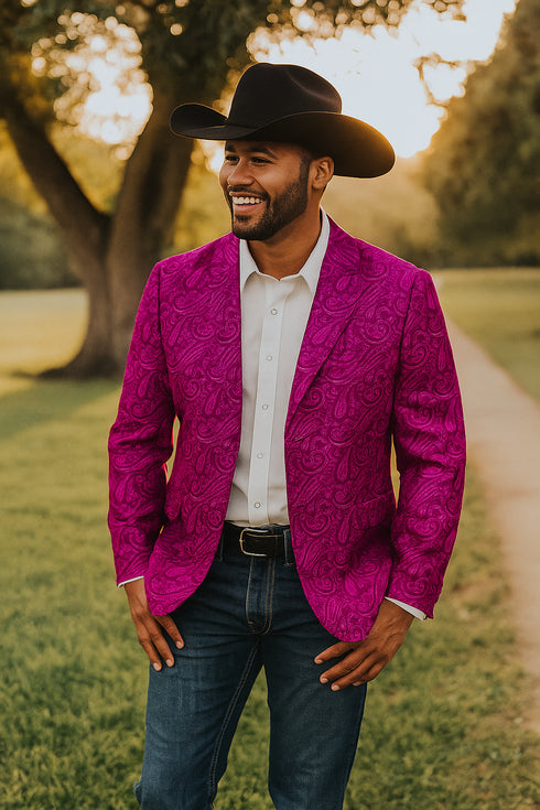 Mens Western Blazer - Paisley Pattern Cowboy Tuxedo Jacket in Color Fuchsia
