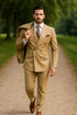 Mens Designer Modern Fit Double Breasted Designer Camel Gold Buttons Suit