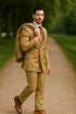 Mens Designer Modern Fit Double Breasted Designer Camel Gold Buttons Suit