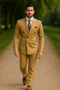 Mens Designer Modern Fit Double Breasted Designer Camel Gold Buttons Suit