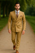 Mens Designer Modern Fit Double Breasted Designer Camel Gold Buttons Suit