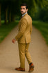 Mens Designer Modern Fit Double Breasted Designer Camel Gold Buttons Suit