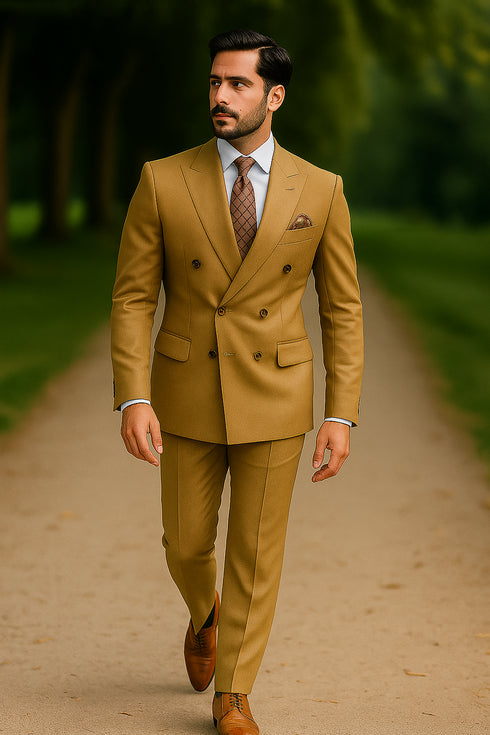 Mens Designer Modern Fit Double Breasted Designer Camel Gold Buttons Suit