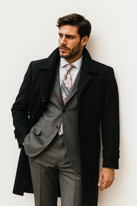 Mens Black Diamond Solid Black 100% Wool Gabardine Belted Duster Overcoat