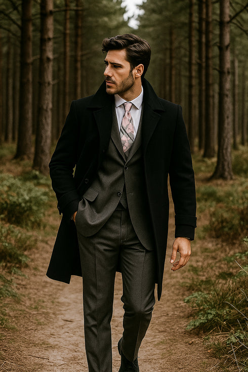 Mens Black Diamond Solid Black 100% Wool Gabardine Belted Duster Overcoat