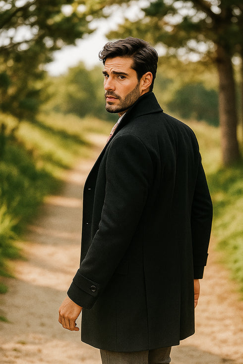 Mens Black Diamond Solid Black 100% Wool Gabardine Belted Duster Overcoat