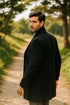 Mens Black Diamond Solid Black 100% Wool Gabardine Belted Duster Overcoat