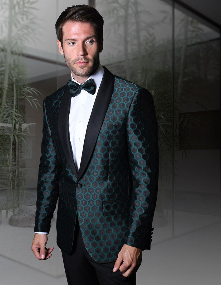 Mens Vested One Button Shawl Tuxedo in Geometric Chain Print in Gold