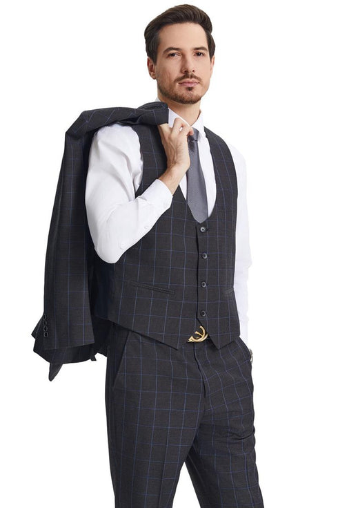 Men's Stacy Adams Peak Lapel Charcoal Grey Windowpane Plaid Suit with a Scoop Neck Vest
