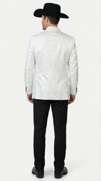 Men’s White Paisley Cowboy Tuxedo with Black Satin Lapel – Western Formal Wedding Suit Jacket