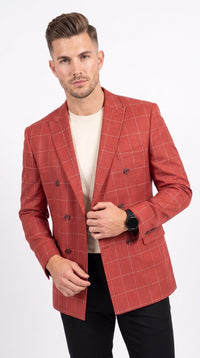Men's Red Windowpane Plaid Double Breasted Suit – Modern Fit 2 Piece