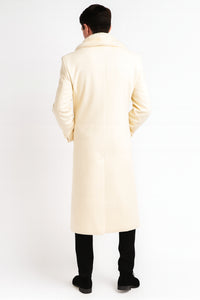 Men’s Ivory - Cream - Off White Full-Length Overcoat with Luxurious Faux Fur Shawl Collar – Winter Dress Coat