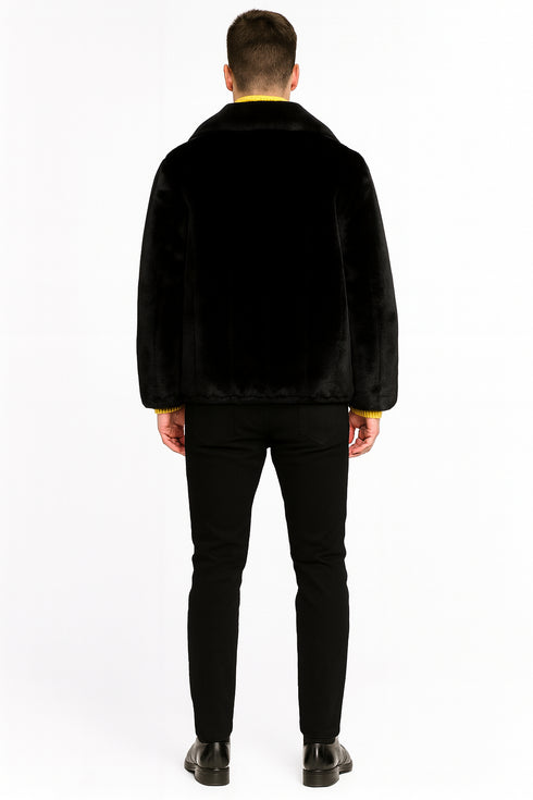 Men’s Black Faux Fur Jacket – Luxury Winter Zip-Up Coat with Soft Plush Finish