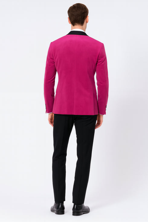Men’s Fuchsia Tuxedo Blazer with Black Satin Lapel – Stylish Party and Wedding Jacket in Hot Pink Color with Black Pants