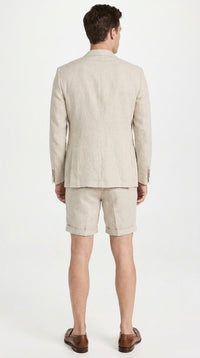 Men’s Tan Linen Suit with Shorts, 2 Piece Summer Short Suit, Casual Beach Wedding Outfit