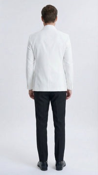 Men’s White Double Breasted Dinner Jacket Blazer with Black Pants – Formal Tuxedo Style Outfit for Weddings