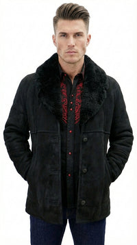 Men’s Black Sheepskin Leather Jacket Cowboy – Warm Faux Fur Collar Coat, Winter Long Jacket, Casual Western Style Outerwear