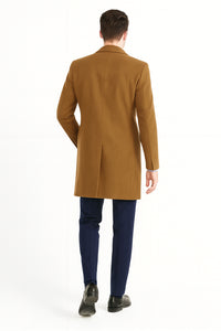Men’s Camel Brown Wool Overcoat – Classic Long Dress Coat for Business and Casual Wear in Vecuna Color