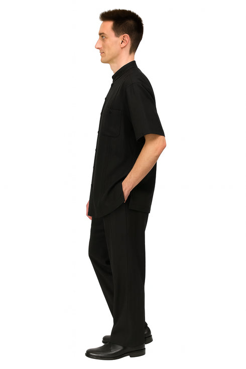 Men’s Black Banded Collar Walking Suit – Short Sleeve Shirt and Matching Pants Banded Collar Linen Fabric