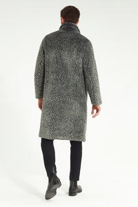 Men’s Luxury Long Grey Faux Fur Coat – Winter Overcoat with Animal Print Design