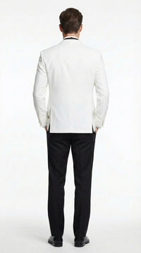 Men's White Dinner Jacket Tuxedo Blazer with Black Satin Shawl Lapel With Black Tuxedo Pants