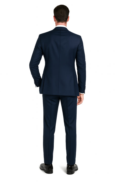 Men’s Navy Blue Tuxedo with Satin Peak Lapel with navy sateen – 3 Piece Formal Suit with Vest and Bow Tie