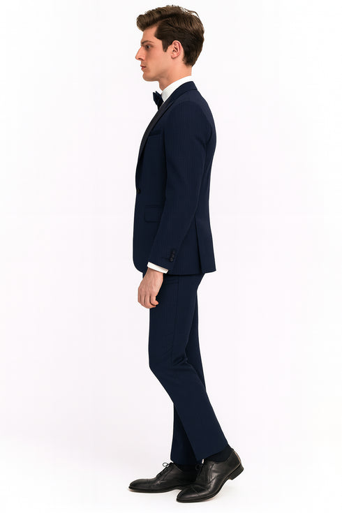 Men’s Navy Blue Tuxedo with Satin Peak Lapel With Matching Color Lapel Sateen – Formal 2 Piece Suit