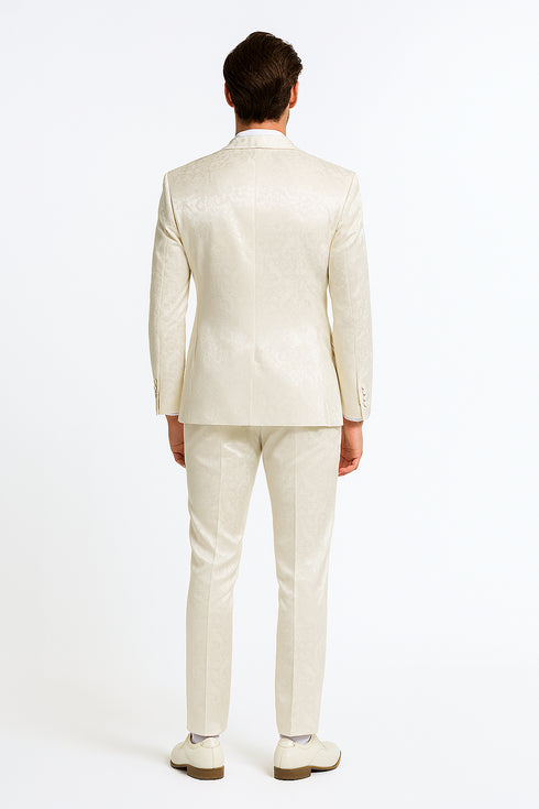 Men’s Champaign Ivory Jacquard Paisley Tuxedo Suit with Satin Shawl Lapel – Elegant Wedding and Prom Outfit By Rossiman