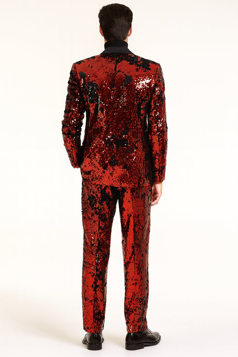 Men’s Red Sequin Tuxedo Suit with Black Lapel – Luxury Slim Fit Blazer and Pants Set Matching