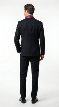 Men’s Black Suit with Burgundy Shawl Lapel – Formal Tuxedo Suit for Wedding, Prom and Evening Events + Bowtie & Tie