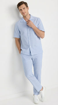 Mens Light Blue Seersucker Walking Suit Set – Casual Summer Short Sleeve Outfit with Matching Pants Lightweight Two Piece Set