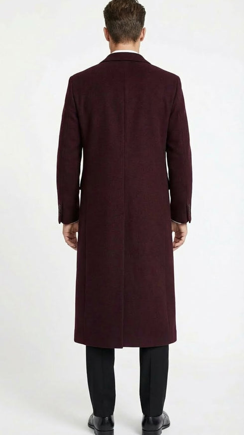 Men’s Burgundy Long Coat – Classic Fit Wool Blend Overcoat - Topcoat Full length