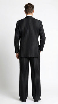 Men’s Black Pinstripe 3-Piece Suit Wool Suit – Classic Fit Single Button Suit with Wide Leg Pleated Pants By Tiglio Russo