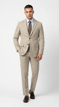Men’s Light Tan Tweed Suit – Classic Beige Two Piece Suit, Herringbone Formal Wear, Vintage Style Business & Wedding Outfit for Men