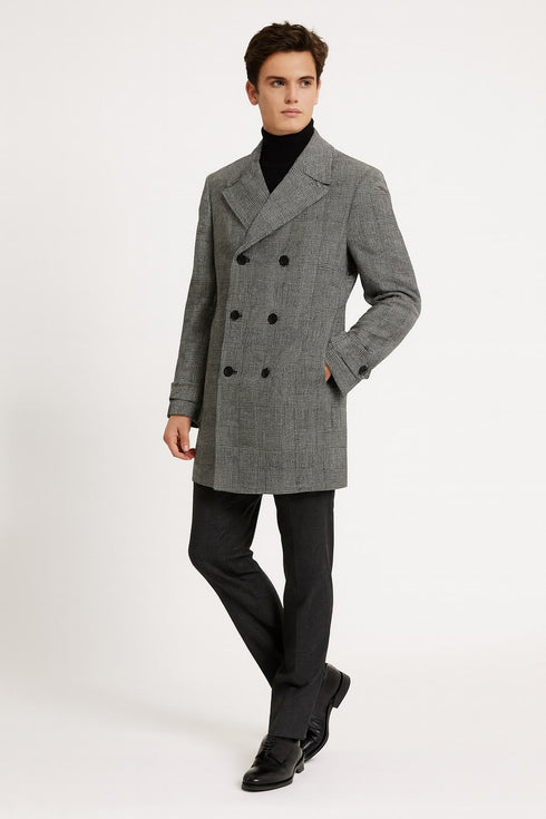 Mens Grey Plaid Double-Breasted Overcoat – Classic Wool-Blend Winter Coat