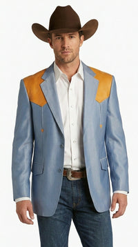 Men’s Sky Blue and Gold Western Cowboy Blazer – Classic Country Style Jacket, Vintage in Steel blue Color