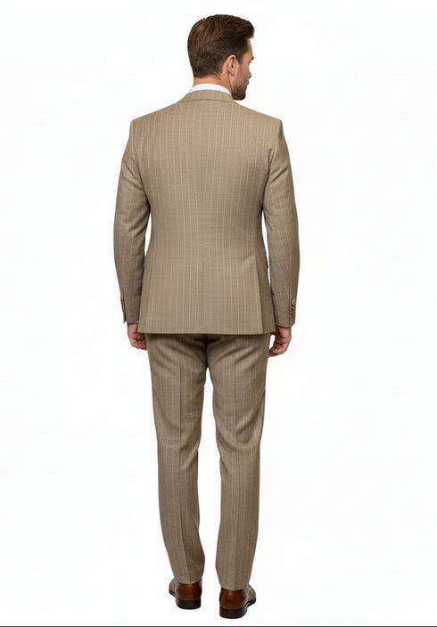 Men’s Beige Pinstripe Three-Piece Suit – Classic Fit Formal Suit with Vest and Flat-Front Pants in Tan Stripe By Rossiman