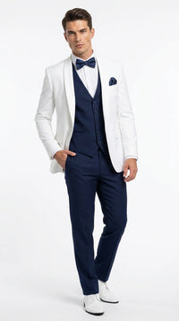 Men’s White and Navy blue tuxedo 3 Piece Suit – Classic White Blazer with Navy Vest and Pants for Wedding, Party + Bowtie