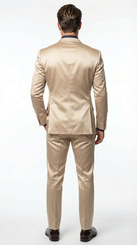 Mens Shiny Champagne Gold Two Piece Suit – Luxury Formal Satin Finish Suit for Wedding, Party and Evening Wear