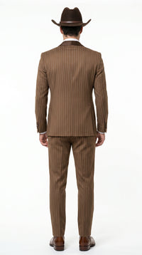 Men’s Brown Pinstripe Western Cowboy Tuxedo, Contrast Shawl Lapel Formal Suit for Weddings, Prom, Parties, and Special Occasions