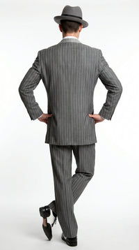Men’s Grey Pinstripe 1920s Gangster 3 Piece Suit, Contrast Lapel Vintage Formal Suit for Parties, Prom, Weddings, and Theme Events