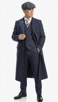Men’s Navy Blue Herringbone Tweed 1920s 3 Piece Suit with Overcoat – Vintage Peaky Blinder Style Formal Suit Set with Blazer, Waistcoat + Overcoat + Hat