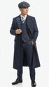 Men’s Navy Blue Herringbone Tweed 1920s 3 Piece Suit with Overcoat – Vintage Peaky Blinder Style Formal Suit Set with Blazer, Waistcoat + Overcoat + Hat