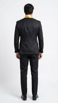 Men’s Black and Gold Jacquard Tuxedo Suit – Luxury Slim Fit Formal Wedding, Prom, and Gala Outfit