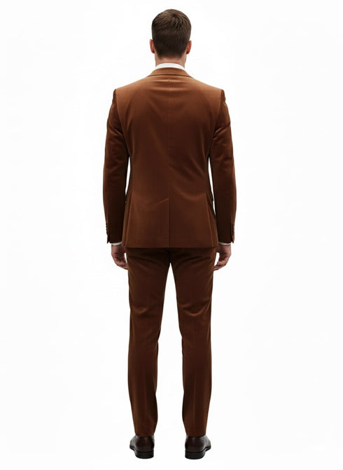 Mens Brown Velvet 2-Piece Suit – Luxury Slim Fit Formal Blazer and Pants Set in Rust Copper Color