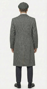 Mens Grey Peaky Blinders Style Long Overcoat, Vintage Herringbone Winter Trench Coat for Formal and Business Wear